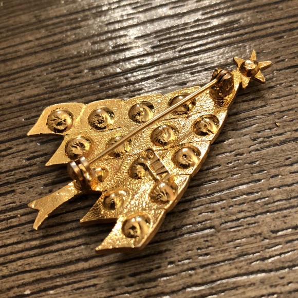 Vtg. LIA Red Green Rhinestone Christmas Tree Pin - Picture 7 of 12